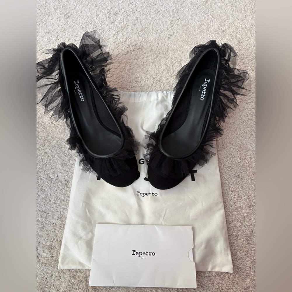 Repetto tulle trimmed black suede healed ballet shoe, size 41